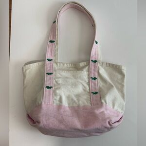 Vintage Lacoste IZOD Tote Bag with Pink Handles & Green Alligators, White Canvas